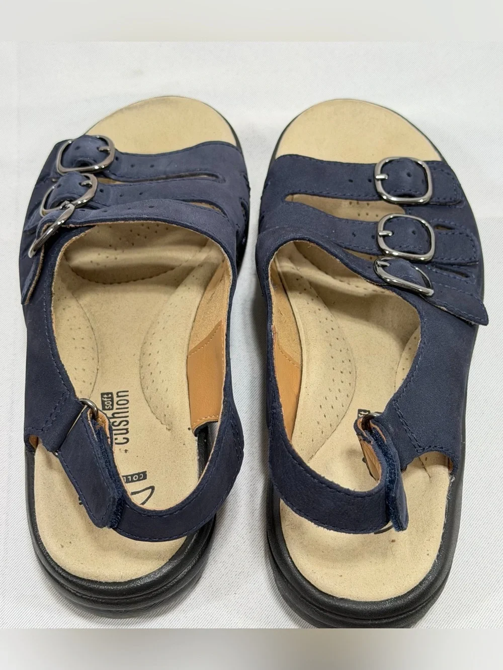 CLARKS Sandal Womens 5 Soft Cushion Buckle Straps Adjust Fit  Blue Suede